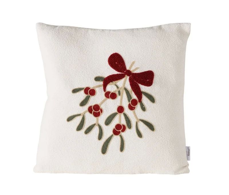 Coussin carré 45x45cm en bouclette ivoire, branche de gui brodée vert et rouge, gros nœud rouge