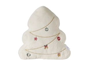 Coussin forme sapin H45cm en fausse fourrure ivoire, guirlandes dorées et ornements brodés multicolores