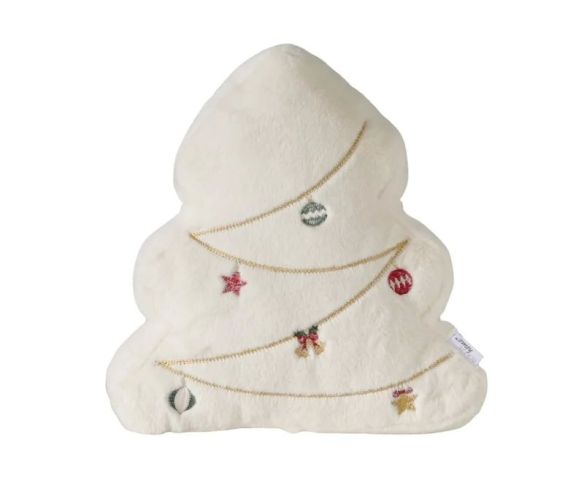 Coussin forme sapin H45cm en fausse fourrure ivoire, guirlandes dorées et ornements brodés multicolores