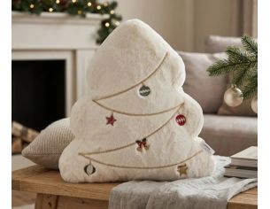 Coussin forme sapin H45cm en fausse fourrure ivoire, guirlandes dorées et ornements brodés multicolores