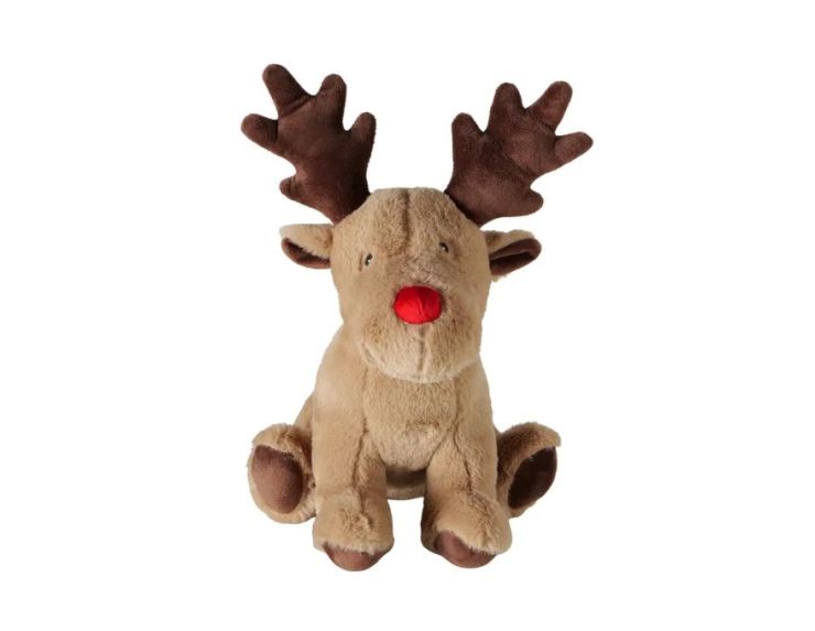 Cale-porte renne de Noël H32cm en peluche beige, nez rouge, bois marron, posé contre une porte