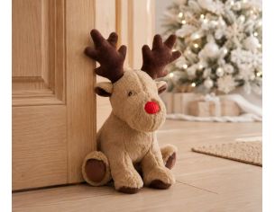 Cale-porte renne de Noël H32cm en peluche beige, nez rouge, bois marron, posé contre une porte