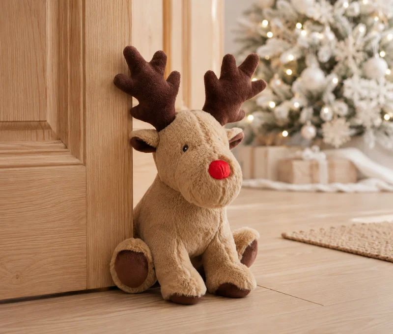 Cale-porte renne de Noël H32cm en peluche beige, nez rouge, bois marron, posé contre une porte