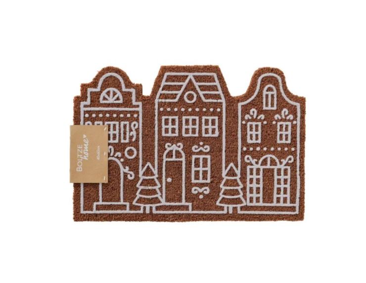 Paillasson Noël 60x40cm en fibre de coco, motif 3 maisons pain d’épices blanc sur fond brun naturel