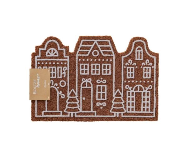 Paillasson Noël 60x40cm en fibre de coco, motif 3 maisons pain d’épices blanc sur fond brun naturel
