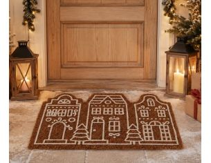 Paillasson Noël 60x40cm en fibre de coco, motif 3 maisons pain d’épices blanc sur fond brun naturel
