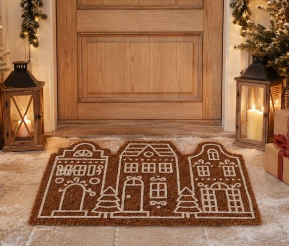 Paillasson Noël 60x40cm en fibre de coco, motif 3 maisons pain d’épices blanc sur fond brun naturel