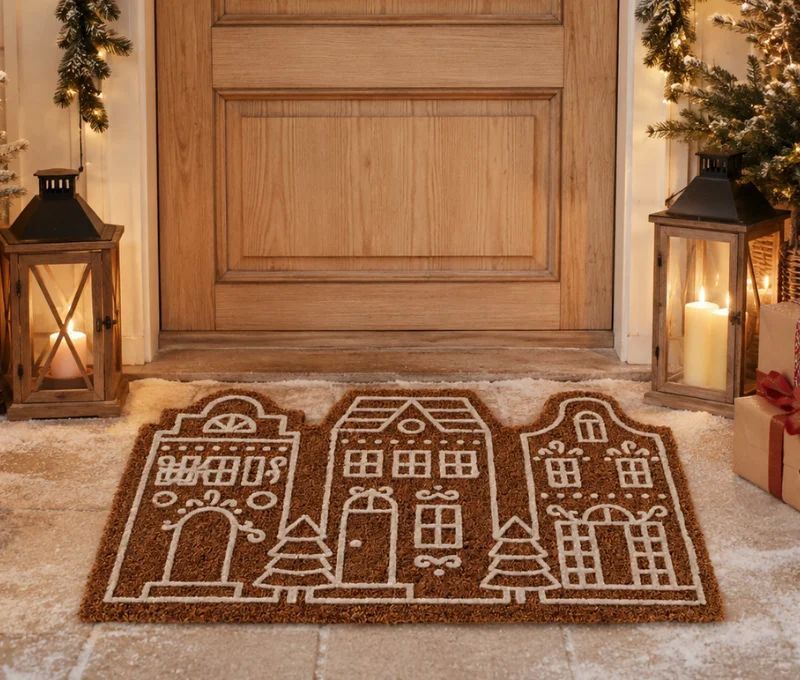 Paillasson Noël 60x40cm en fibre de coco, motif 3 maisons pain d’épices blanc sur fond brun naturel