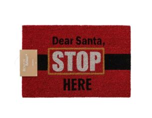 Paillasson Noël 60x40cm rouge en fibre synthétique, message “Dear Santa Stop Here” noir et blanc