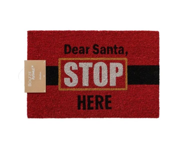 Paillasson Noël 60x40cm rouge en fibre synthétique, message “Dear Santa Stop Here” noir et blanc