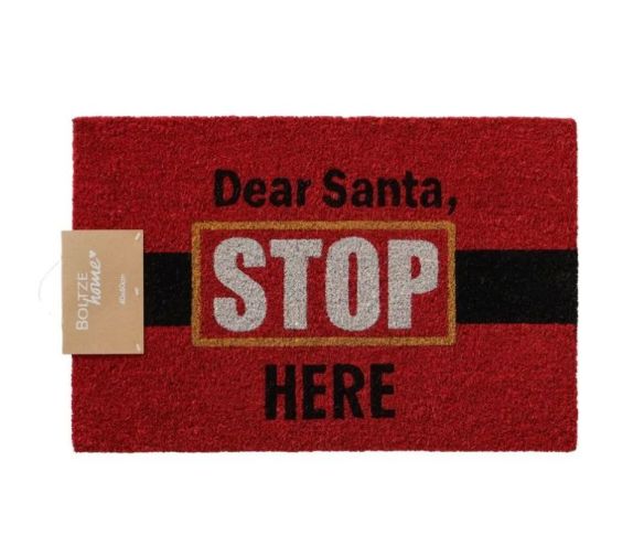 Paillasson Noël 60x40cm rouge en fibre synthétique, message “Dear Santa Stop Here” noir et blanc