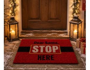 Paillasson Noël 60x40cm rouge en fibre synthétique, message “Dear Santa Stop Here” noir et blanc