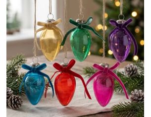 Suspension Noël ampoule ovale H14cm en verre laqué, nœud velours assorti, 6 coloris — vendue à l’unité