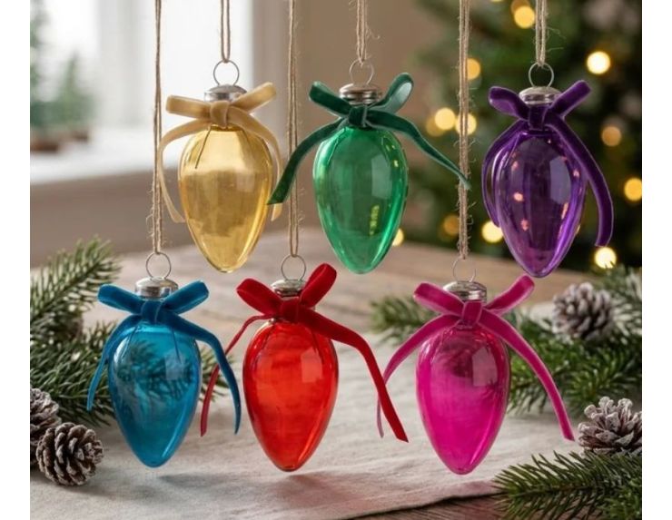 Suspension Noël ampoule ovale H14cm en verre laqué, nœud velours assorti, 6 coloris — vendue à l’unité