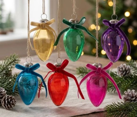 Suspension Noël ampoule ovale H14cm en verre laqué, nœud velours assorti, 6 coloris — vendue à l’unité