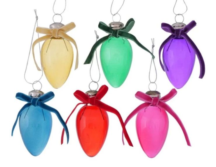 Suspension Noël ampoule ovale H14cm en verre laqué, nœud velours assorti, 6 coloris — vendue à l’unité