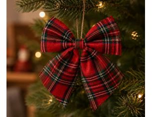 Nœud décoratif tartan rouge 20x23cm, motif à carreaux multicolore, décoration de Noël