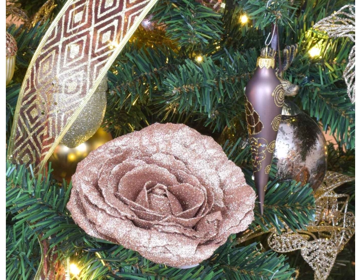 Rose de Noël cuivrée brillante sur clip D 18cm