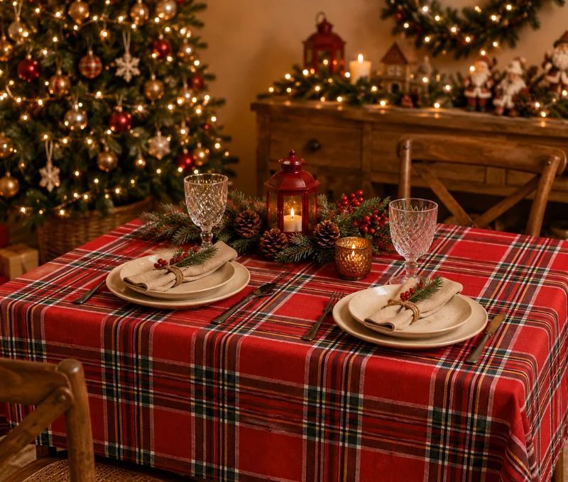 Nappe tartan rouge 250x140cm à carreaux multicolores, décoration de table de Noël festive