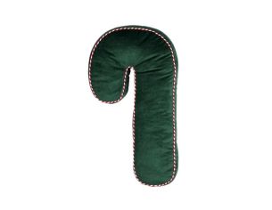 Coussin forme sucre d’orge H58cm en velours vert sapin, passepoil torsadé rouge et blanc sur les bords