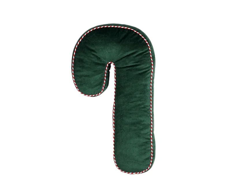 Coussin forme sucre d’orge H58cm en velours vert sapin, passepoil torsadé rouge et blanc sur les bords