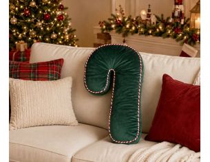 Coussin forme sucre d’orge H58cm en velours vert sapin, passepoil torsadé rouge et blanc sur les bords