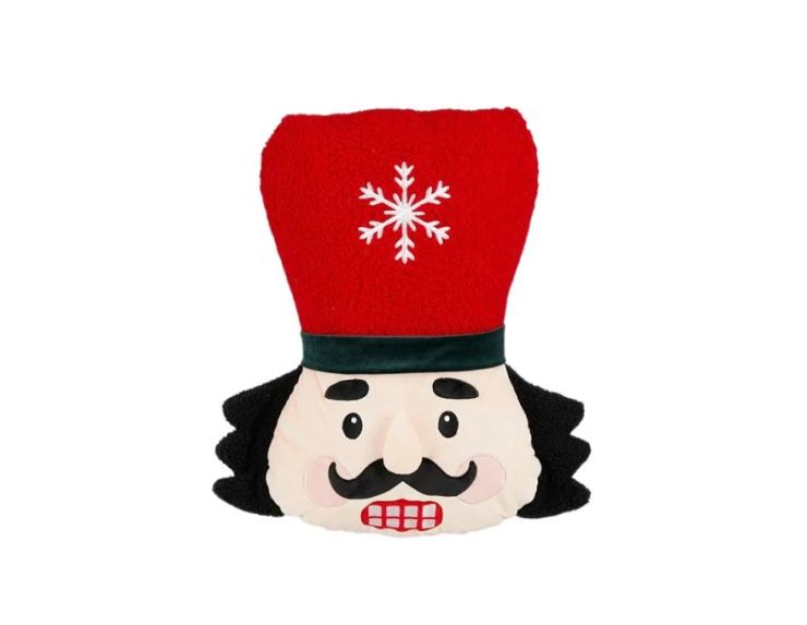 Coussin forme tête de casse-noisette H43cm, chapeau rouge flocon brodé, visage expressif multicolore