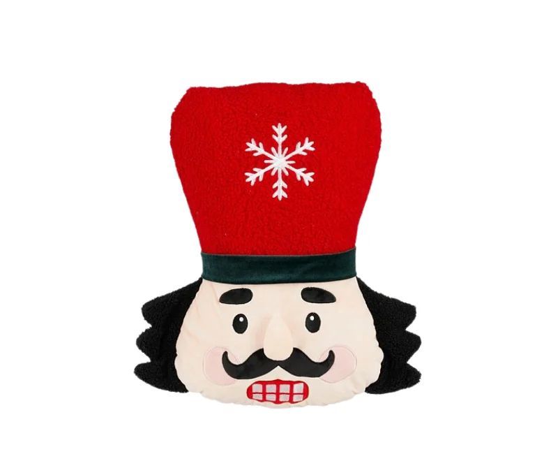 Coussin forme tête de casse-noisette H43cm, chapeau rouge flocon brodé, visage expressif multicolore