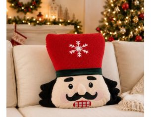 Coussin forme tête de casse-noisette H43cm, chapeau rouge flocon brodé, visage expressif multicolore