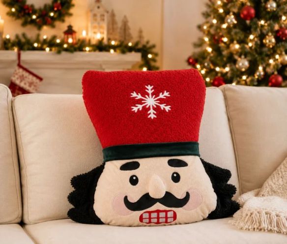 Coussin forme tête de casse-noisette H43cm, chapeau rouge flocon brodé, visage expressif multicolore