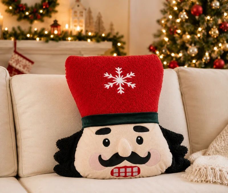 Coussin forme tête de casse-noisette H43cm, chapeau rouge flocon brodé, visage expressif multicolore
