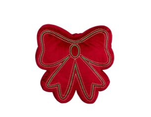 Coussin forme nœud 35x35cm en velours rouge, broderies vertes et perles blanches sur les bords