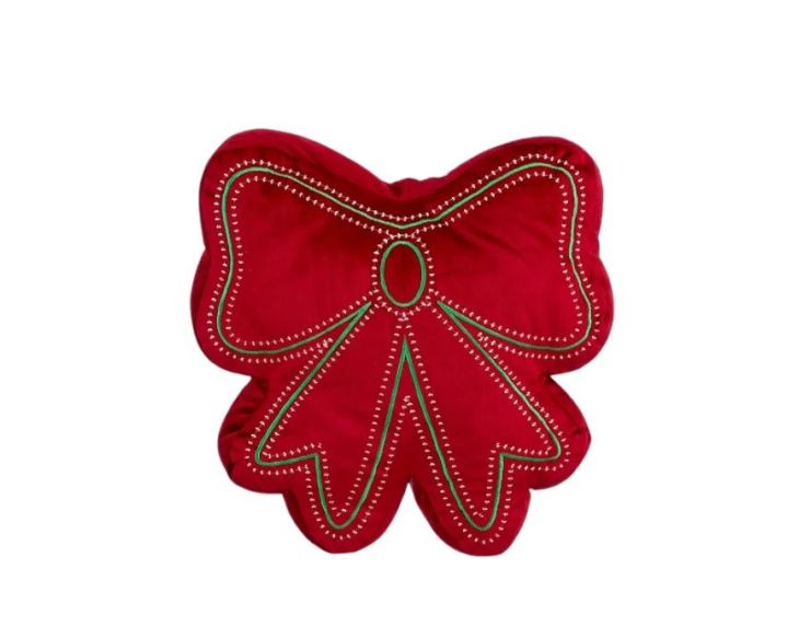 Coussin forme nœud 35x35cm en velours rouge, broderies vertes et perles blanches sur les bords
