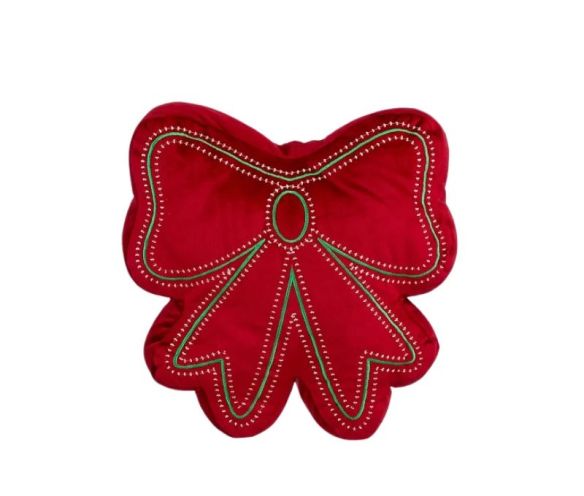 Coussin forme nœud 35x35cm en velours rouge, broderies vertes et perles blanches sur les bords
