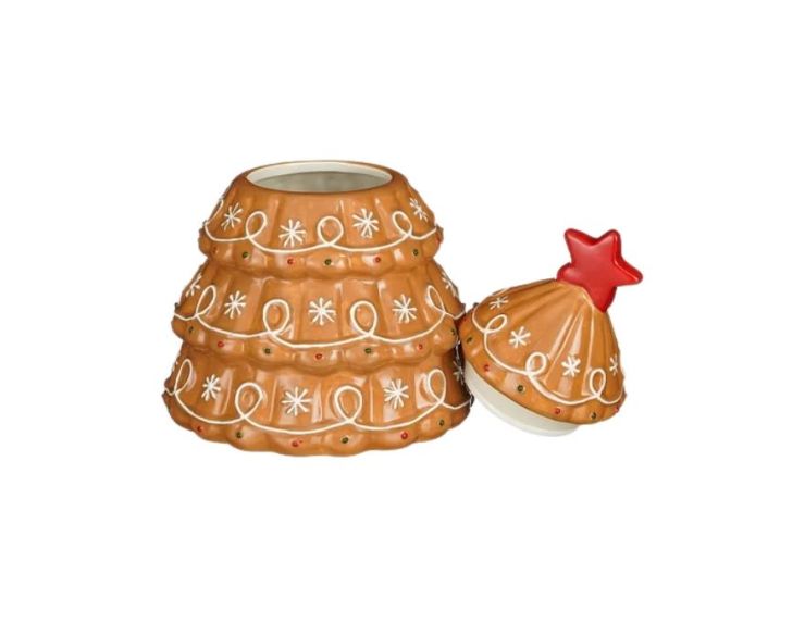 Pot à biscuits céramique H24cm forme sapin pain d’épices caramel, décors blancs, couvercle étoile rouge