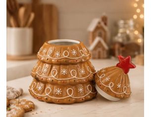 Pot à biscuits céramique H24cm forme sapin pain d’épices caramel, décors blancs, couvercle étoile rouge