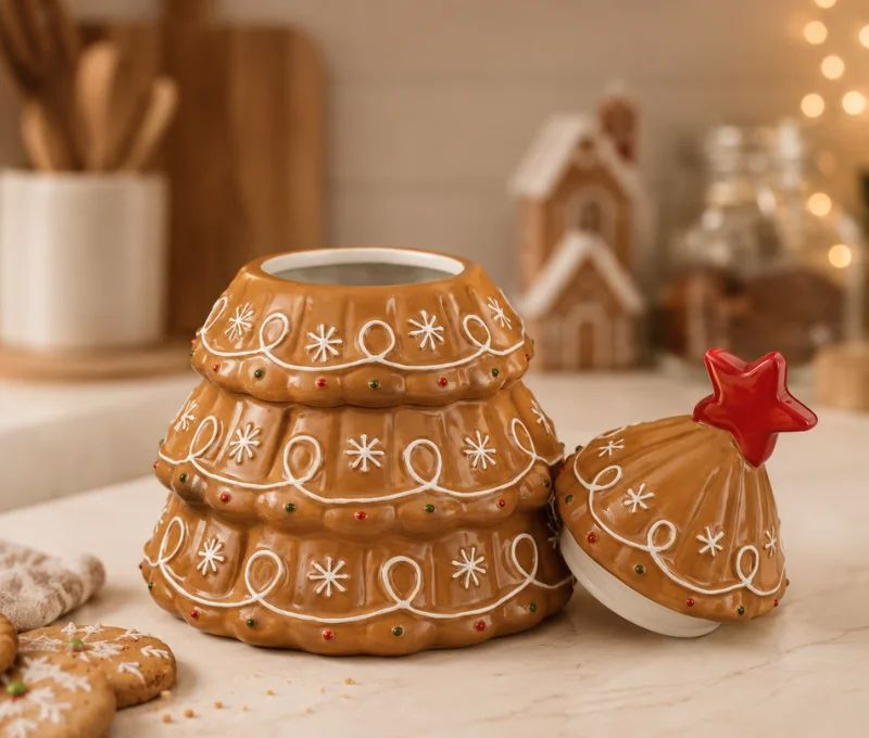 Pot à biscuits céramique H24cm forme sapin pain d’épices caramel, décors blancs, couvercle étoile rouge