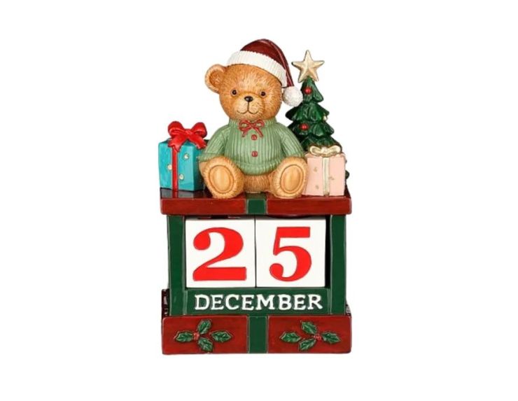 Décoration calendrier de l’Avent H17cm, ours Noël sur bloc chiffres amovibles, sapin et cadeaux colorés