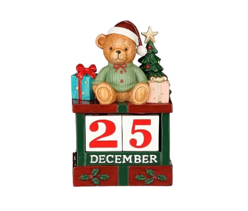 Décoration calendrier de l’Avent H17cm, ours Noël sur bloc chiffres amovibles, sapin et cadeaux colorés