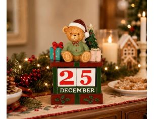 Décoration calendrier de l’Avent H17cm, ours Noël sur bloc chiffres amovibles, sapin et cadeaux colorés