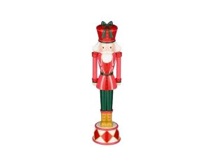 Figurine casse-noisette H40cm, uniforme rouge et vert, chapeau rouge nœud vert, socle tambour multicolore