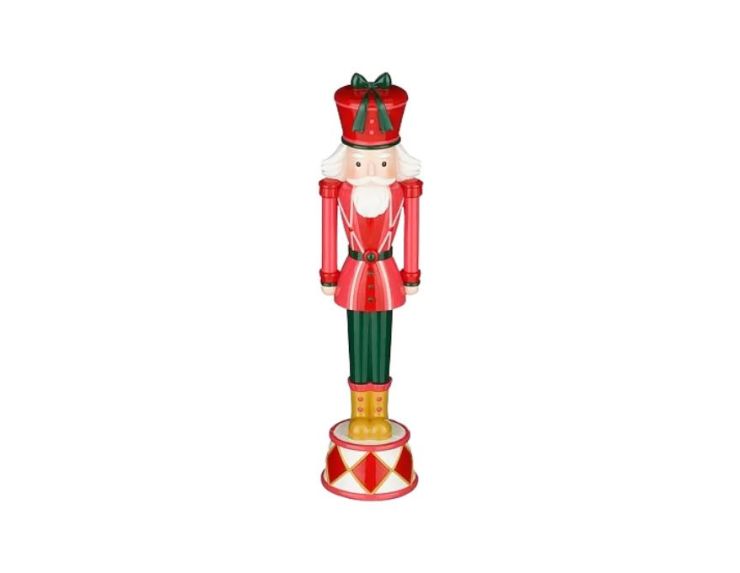 Figurine casse-noisette H40cm, uniforme rouge et vert, chapeau rouge nœud vert, socle tambour multicolore