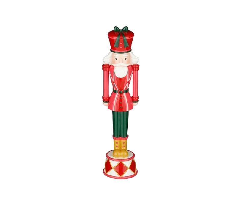 Figurine casse-noisette H40cm, uniforme rouge et vert, chapeau rouge nœud vert, socle tambour multicolore