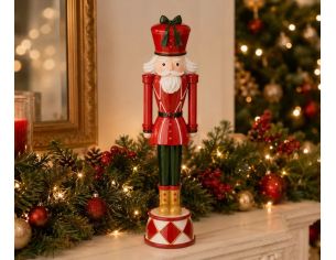 Figurine casse-noisette H40cm, uniforme rouge et vert, chapeau rouge nœud vert, socle tambour multicolore