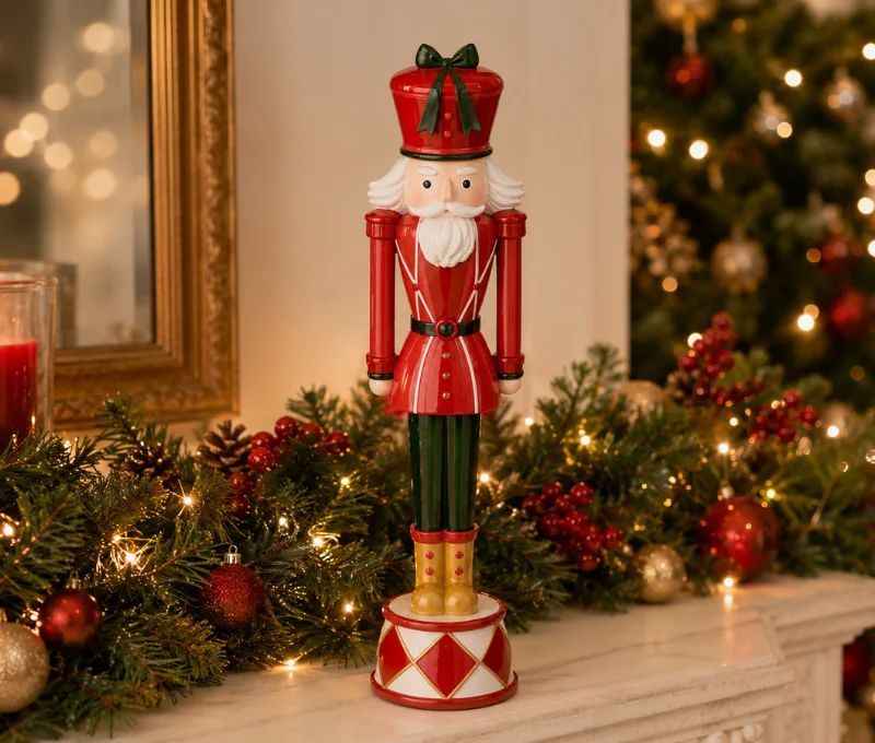 Figurine casse-noisette H40cm, uniforme rouge et vert, chapeau rouge nœud vert, socle tambour multicolore
