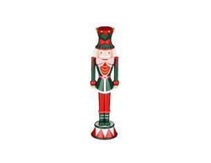 Figurine casse-noisette H40cm, uniforme vert et rouge, chapeau vert pointes dorées, socle tambour multicolore