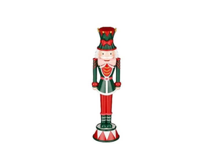 Figurine casse-noisette H40cm, uniforme vert et rouge, chapeau vert pointes dorées, socle tambour multicolore