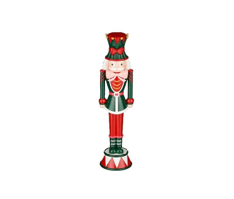 Figurine casse-noisette H40cm, uniforme vert et rouge, chapeau vert pointes dorées, socle tambour multicolore