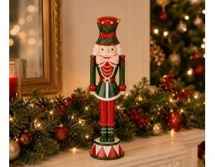Figurine casse-noisette H40cm, uniforme vert et rouge, chapeau vert pointes dorées, socle tambour multicolore