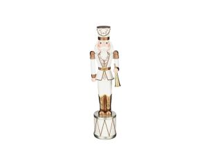 Figurine casse-noisette H50cm, uniforme blanc et or, trompette dorée, socle tambour blanc et or